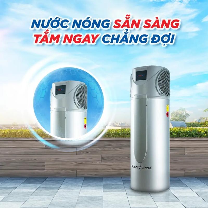 Máy nước nóng bơm nhiệt hấp thụ nhiệt từ không khí, tiết kiệm đến 70% điện năng