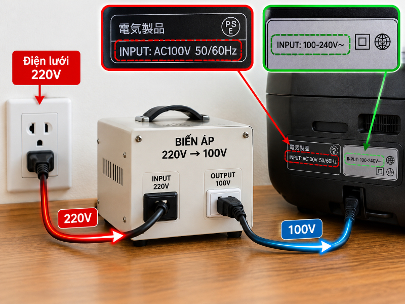 Việc phân biệt rõ nguồn gốc và điện áp của thiết bị (100V, 110V, 120V) là rất quan trọng, không nên chỉ dựa vào hình dáng phích cắm để cắm điện.