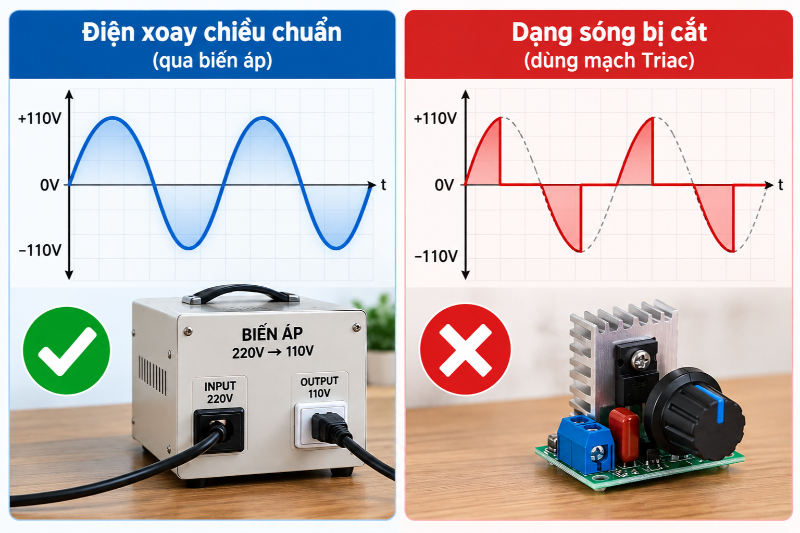 Tuyệt đối không dùng mạch Triac để hạ áp cho các thiết bị có bo mạch điều khiển phức tạp như nồi cơm điện tử, tủ lạnh hay máy lọc không khí.