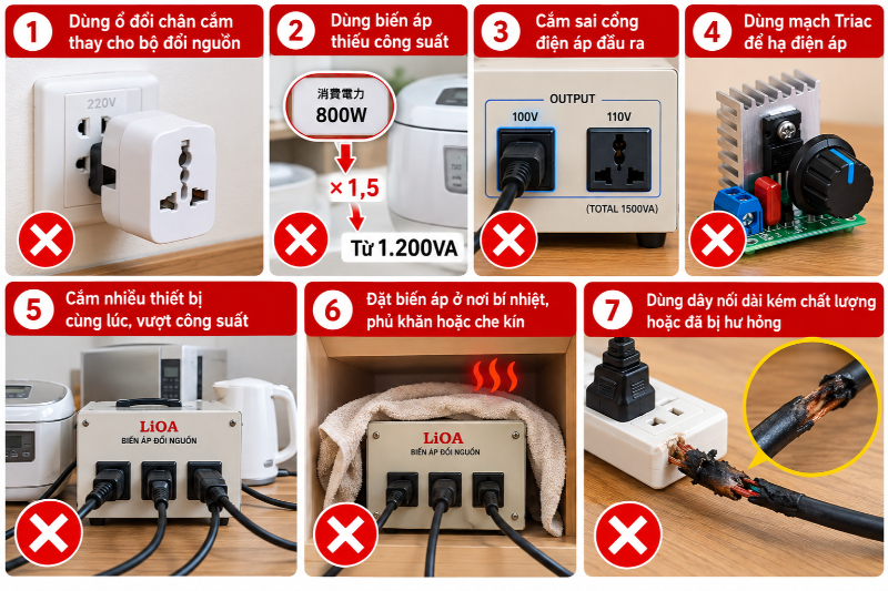 Nếu vô tình cắm nhầm thiết bị 110V vào nguồn 220V, hãy lập tức ngắt điện, giữ nguyên hiện trạng và tuyệt đối không được cắm thử lại.